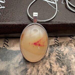 Ethereal Agate Pendant Necklace Pink Cream Stone Boho Cottagecore 20” Stainless